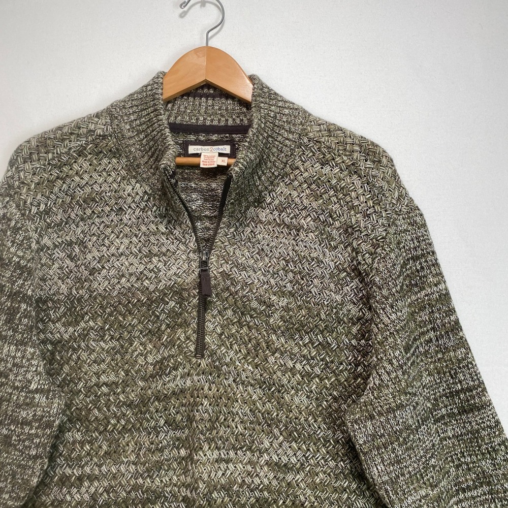 Carbon 2 Cobalt Mens Textured Knit 1/4 Zip Sweater Olive Green XL‎ 100 Cotton